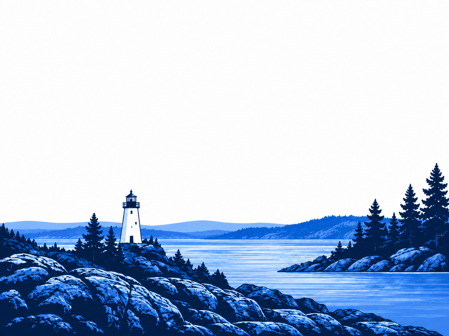 Blue illustration of a lighthouse, rocky shoreline and evergreens beside the water